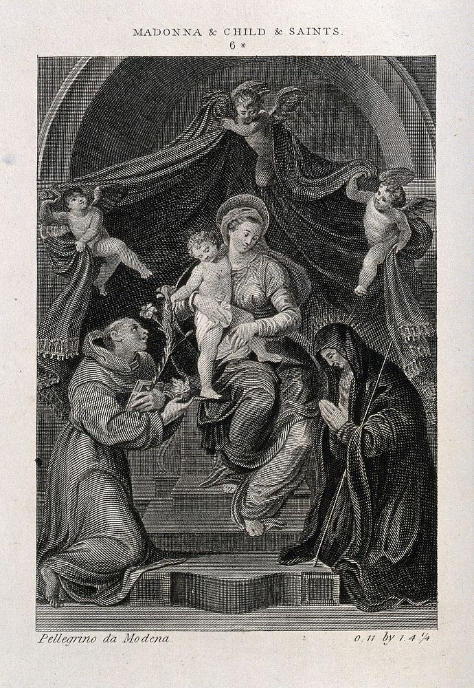 Saint Mary (the Blessed Virgin) with the Christ Child, Saint Dominic Guzman and Saint Catherine of Siena. Engraving after…