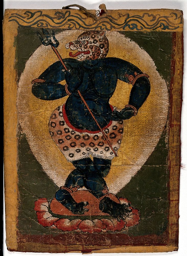 A blue Tibetan demon with a leopard's head , holding a trident. Gouache painting by a Tibetan artist.