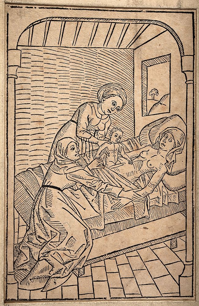 A baby being removed from its dying mother's womb via Caesarean section. Reproduction of woodcut, 1483.