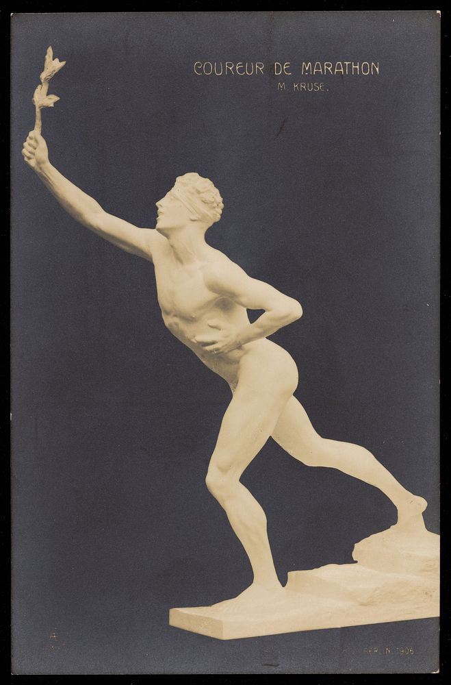A sculpture of a marathon runner. Photographic postcard by Atelier Gebr. Micheli after M. Kruse, 1906.