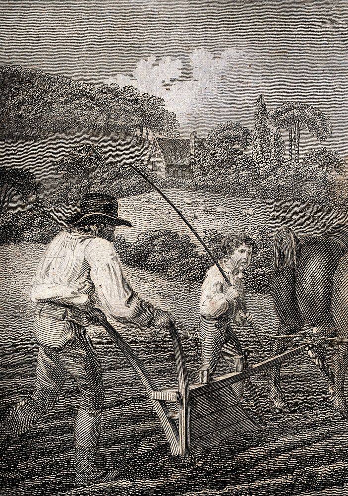 A ploughman guides his plough across the field helped by a boy. Engraving by Hemsley after W. Craig.