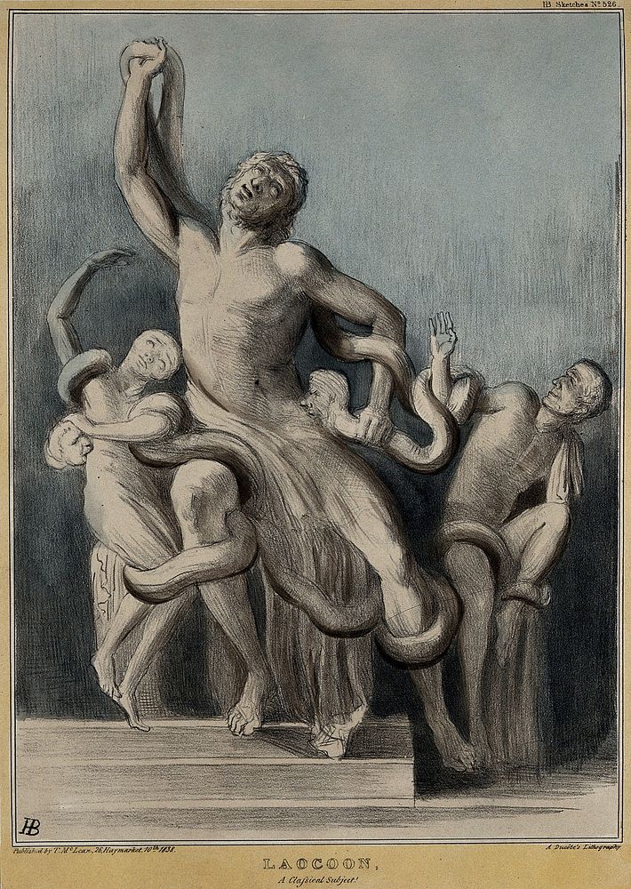 The antique statue of Laocoön: Lord Melbourne as Laocoön, Lord John Russell and Thomas Spring-Rice as the two sons, entwined…