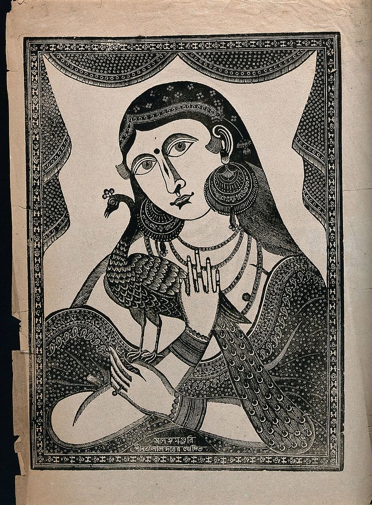 A woman holding a peacock. Engraving by an Indian artist, 1800s.
