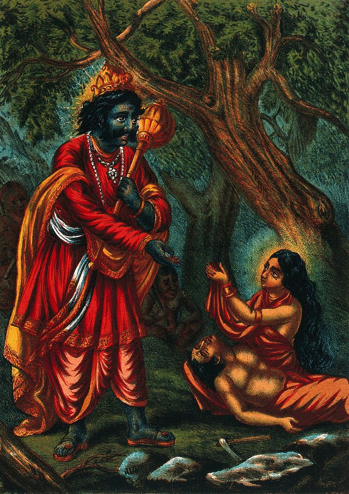 Savitri pleading with Yama for her husband's life. Chromolithograph.