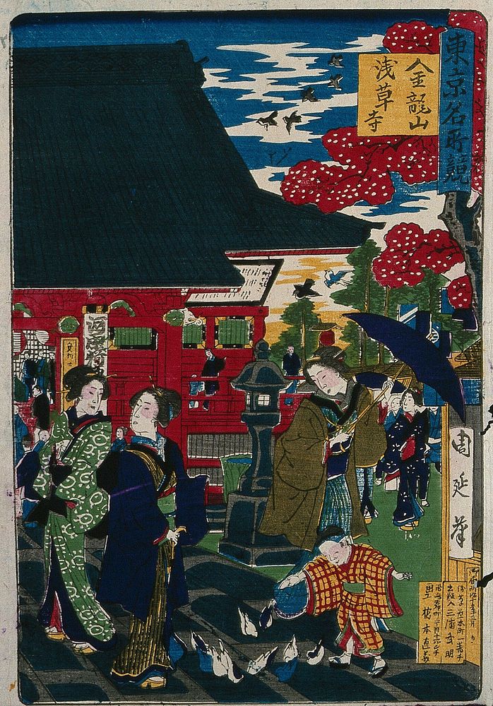 Kinyūsan Asakusa temple. Colour woodcut by Chikanobu.