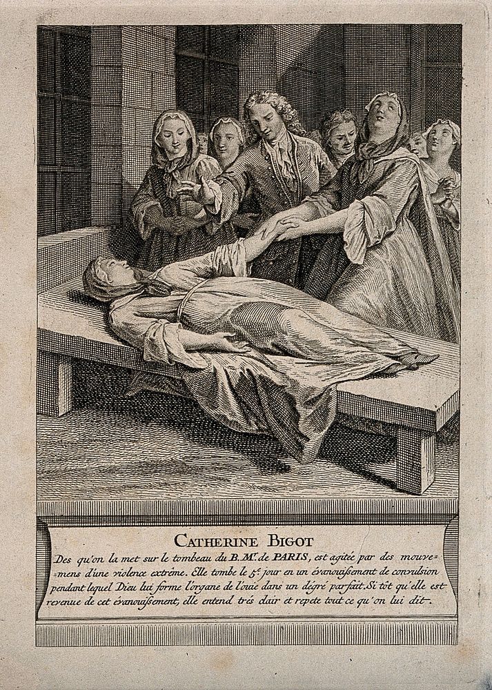 Catherine Bigot, deaf-mute woman lying on the tomb of F. de Paris being miraculously cured. Engraving.