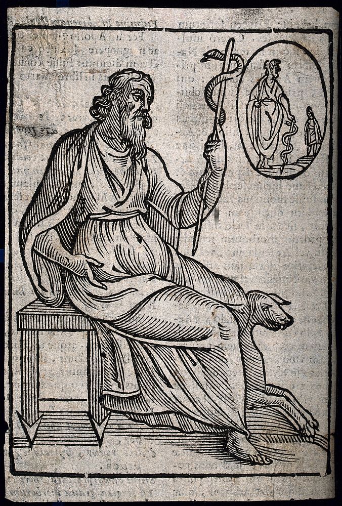 Aesculapius. Woodcut.
