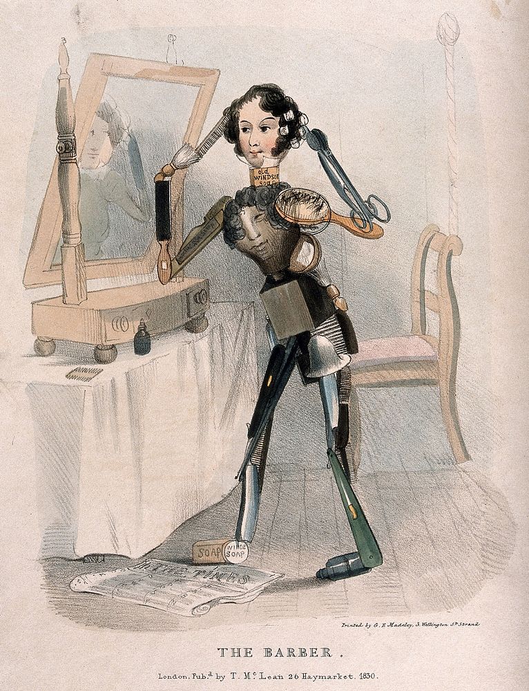 A barber made up of the tools of his trade. Coloured lithograph, 1830.