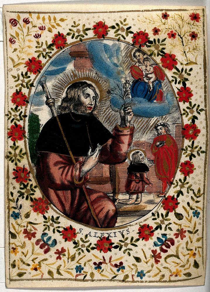 Saint Alexius. Coloured engraving.