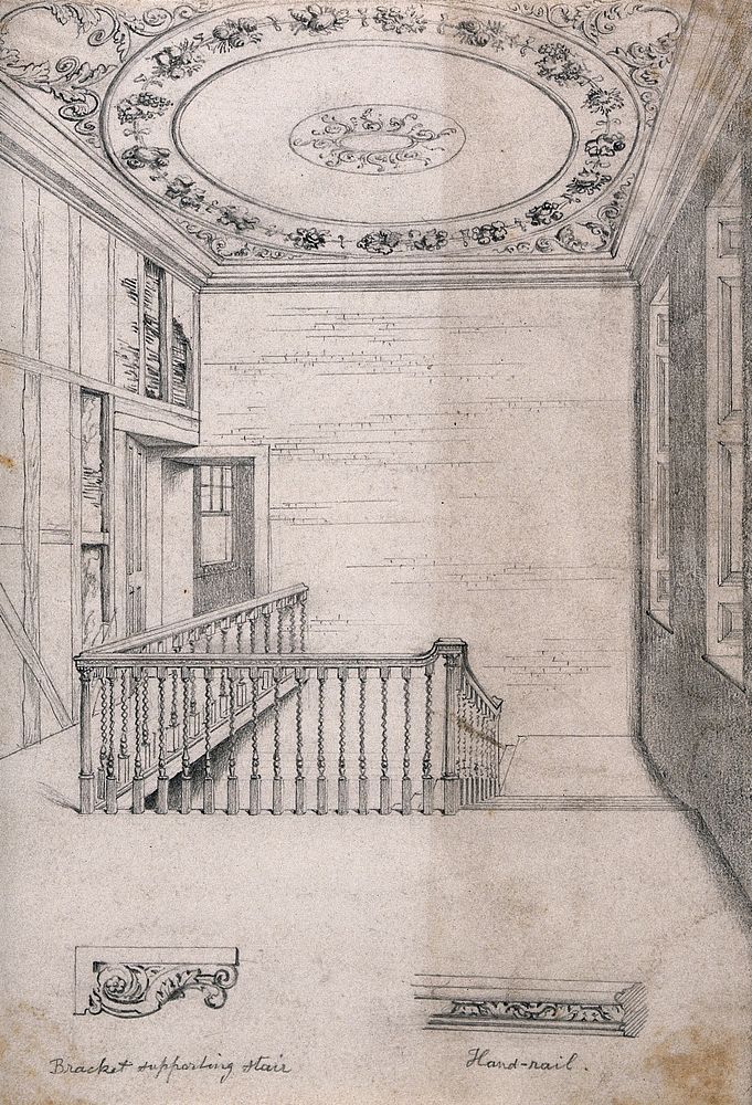 The staircase, and two details of the woodwork, at 49 Great Ormond Street, Holborn. Pencil drawing, June 1882, attributed to…
