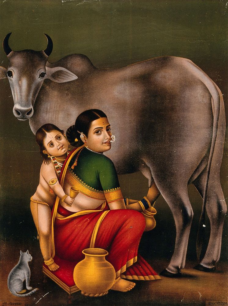 A woman milking a cow with a child, possibly Krishna begging for milk, while a seated cat observes. Chromolithograph.