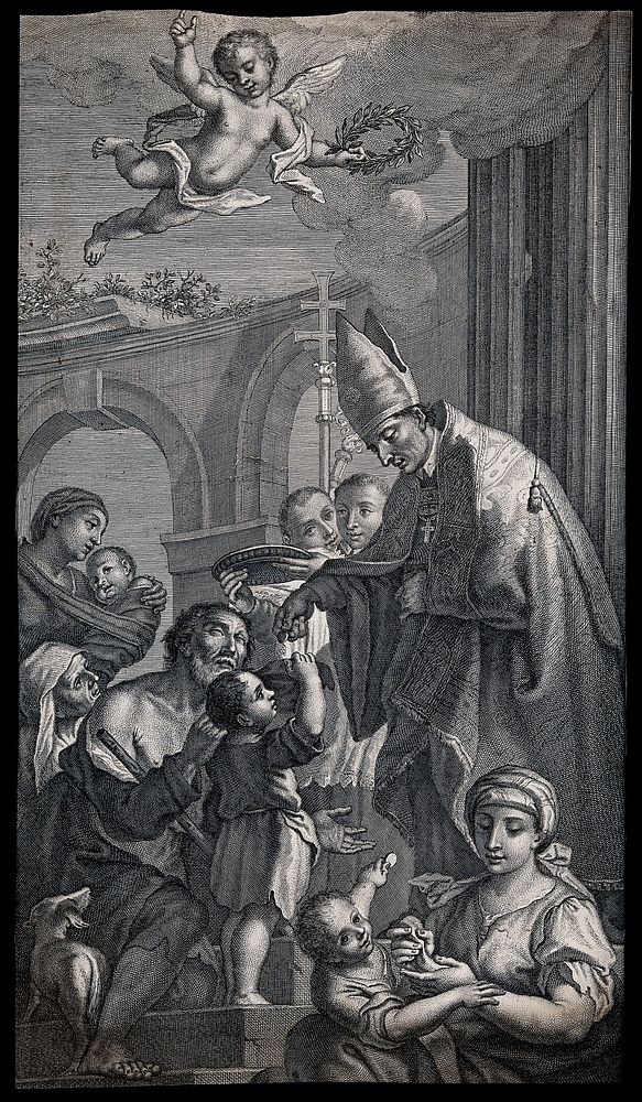 A bishop saint (Thomas of Villanova) giving alms. Etching.