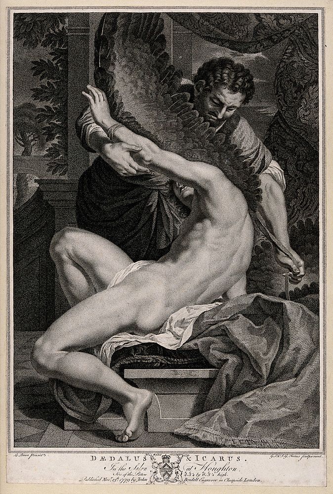 Daedalus attaching wings to the shoulders of his son, Icarus. Stipple engraving by G.S. and J.G. Facius, 1779, after C.…