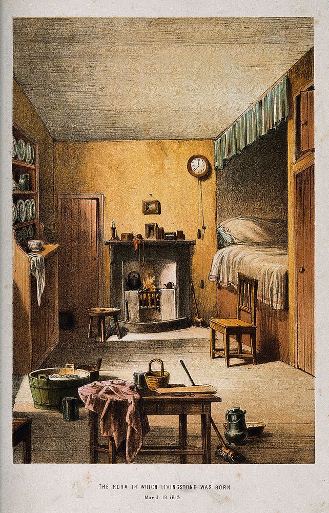 The room where David Livingstone was born. Coloured lithograph.