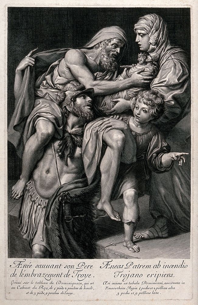 Aeneas is standing with his father Anchises on his shoulders as he rescues him from the fire of Troy, and he receives the…