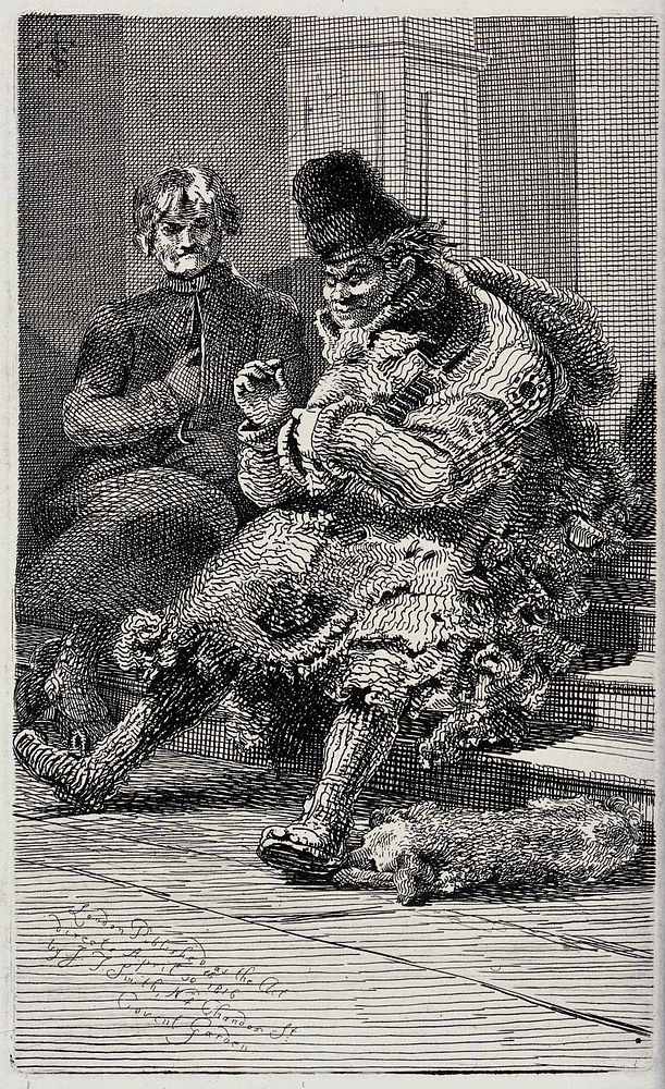 An old beggar in very tattered old clothes is sitting on a staircase with his sleeping dog curled up at his feet. Etching by…