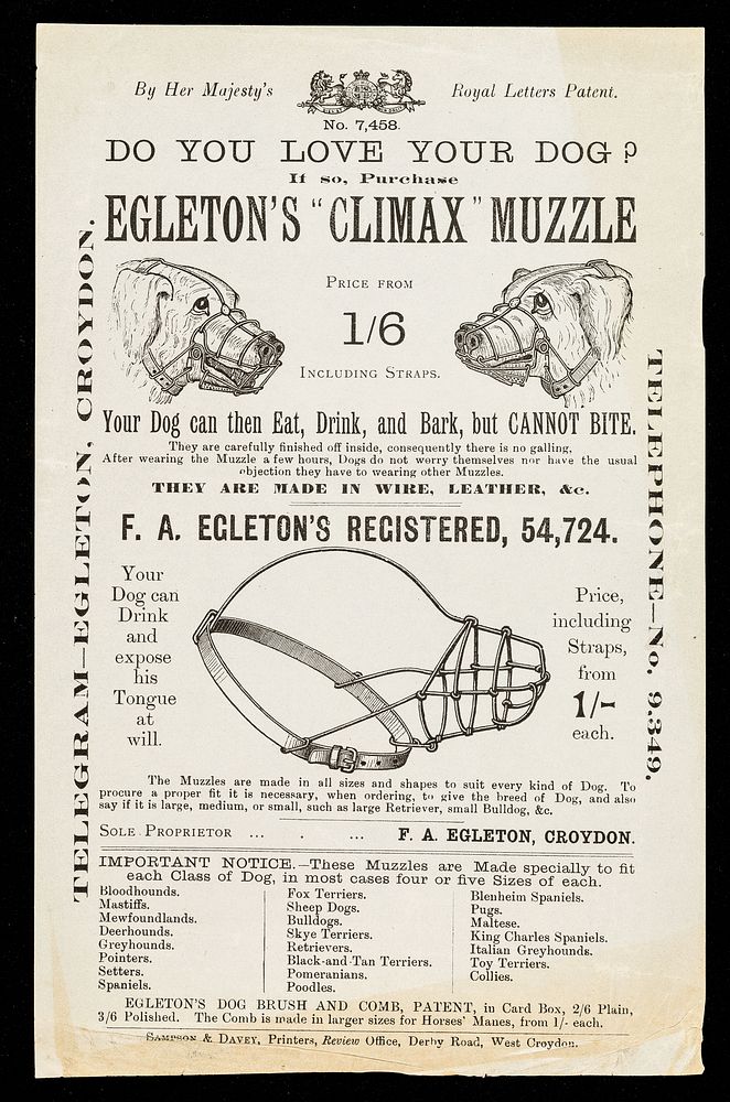 Do you love your dog : if so, purchase Egleton's "Climax" muzzle : price from 1/6 including straps : your dog can then eat…