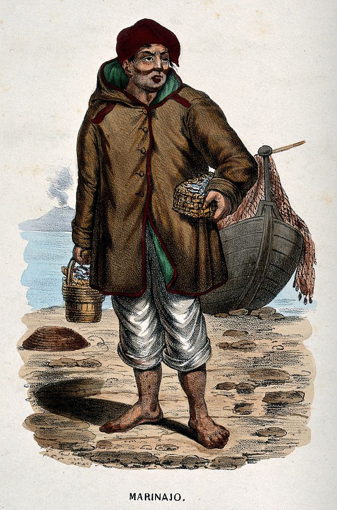 A sailor stands on the shore, his boat is behind him and he is carrying a casket in one hand. Coloured lithograph.