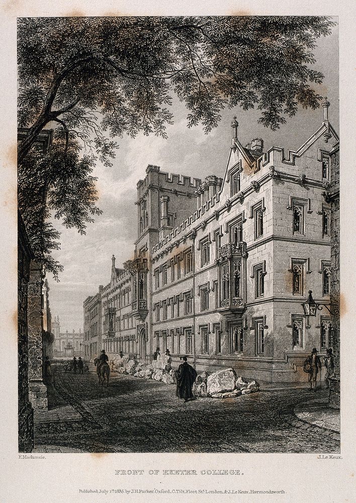 Exeter College, Oxford: front. Line engraving by J. Le Keux, 1835, after F. Mackenzie.