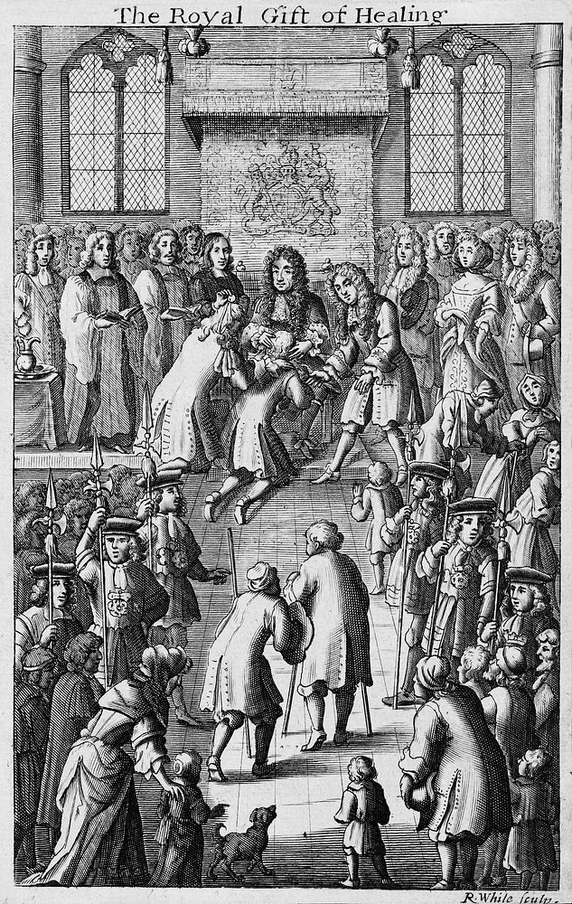 Charles II touching a patient for the king's evil (scrofula) surrounded by courtiers, clergy and general public. Engraving…