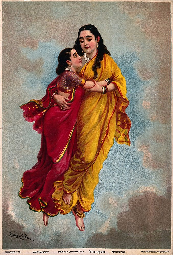 Sakuntalā and her mother fly towards heaven. Chromolithograph by R. Varma.