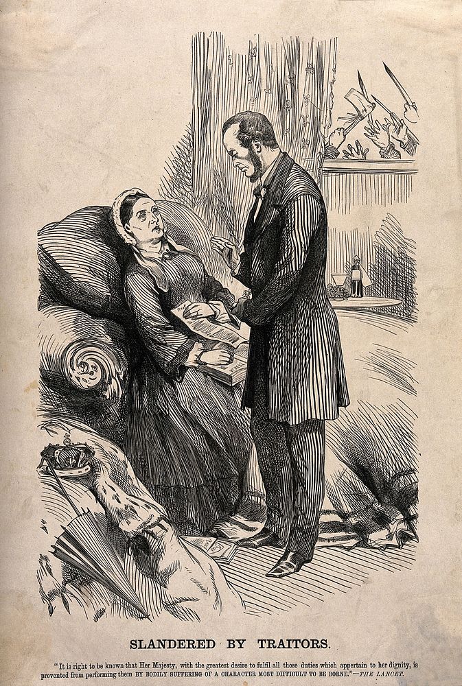 Queen Victoria in mourning for Albert, her subjects outraged at her neglect of duties. Wood engraving, c. 1861.