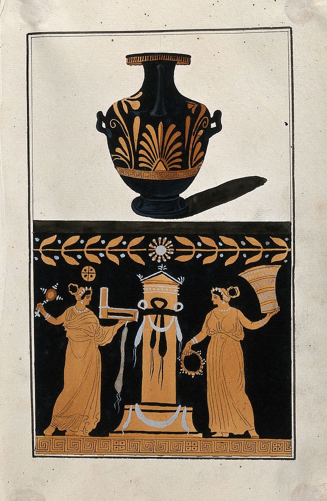 Above, red-figured Greek water jar (hydria) decorated with a palm motif; below, detail of decoration showing two women…