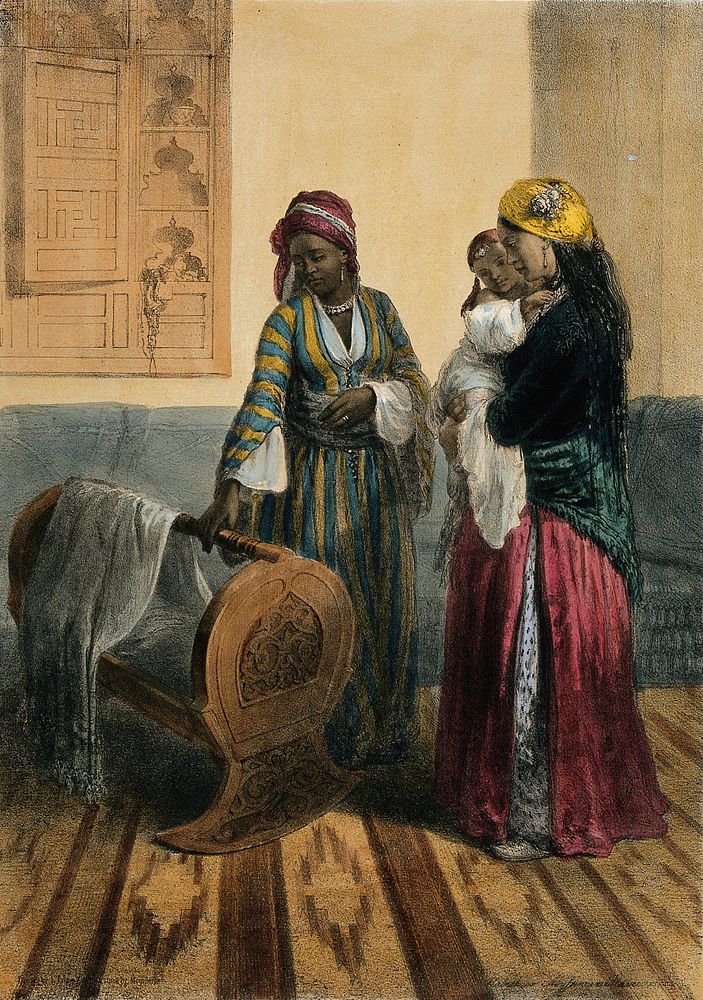 A woman in Cairo holding a child, accompanied by an Abyssinian slave woman standing next to the cradle. Coloured lithograph…