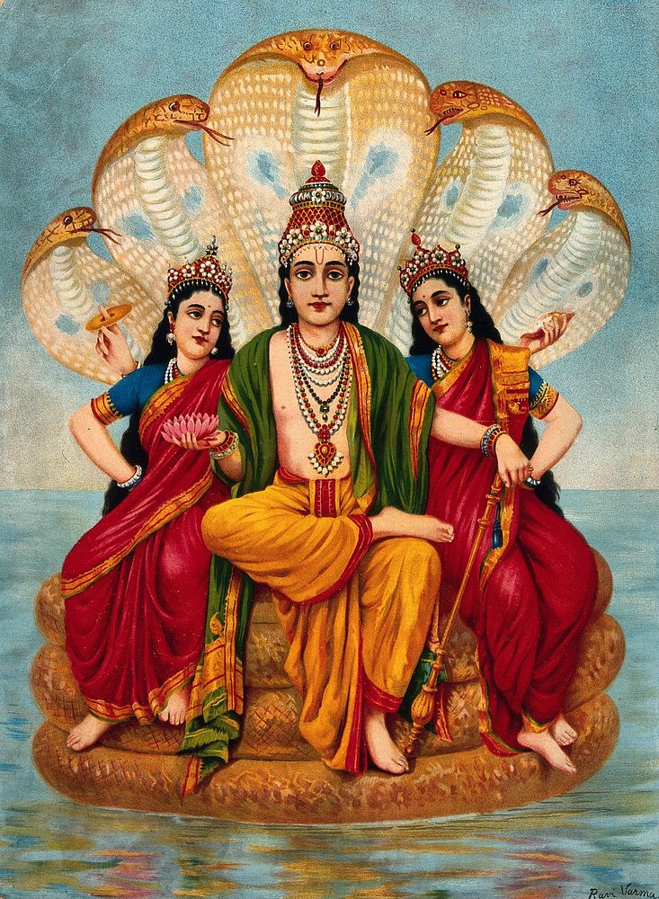 Vishnu flanked by two wives resting on Shesa, the serpent on the waters. Chromolithograph by R. Varma.