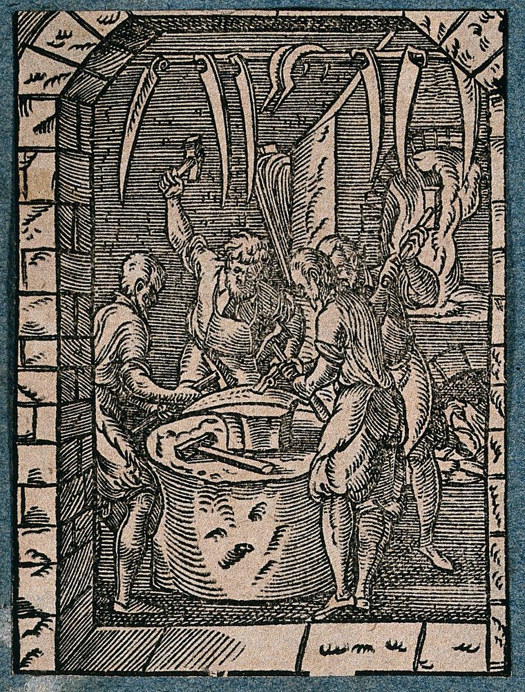 Makers of scythes and sickels hammering a metal blade on an anvil. Woodcut by J. Amman.