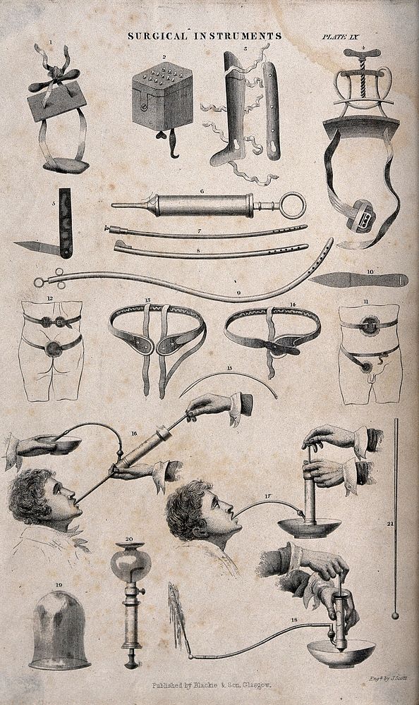 Surgical instruments and applicances: 21 figures, including a demonstration of a combination stomach-pump/enema . Engraving…