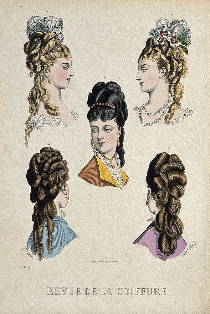 The heads of five women with their hair combed back and dressed with chignons, feathers, and flowers. Coloured line block…
