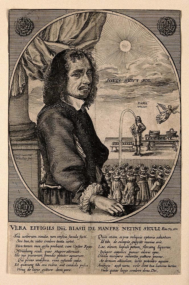 Biagio di Manfrè, who regurgitated water transformed into other liquids, aged 72. Etching by W. Hollar.