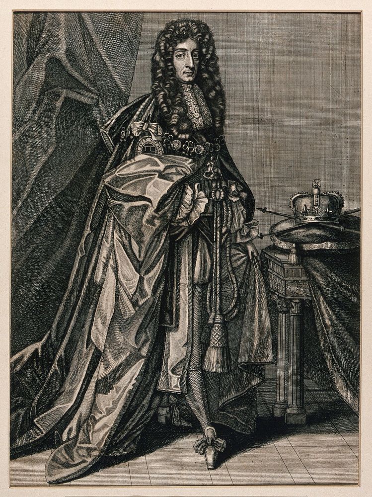 King James II; table with a crown in the background. Engraving by P. Landry, 1693.