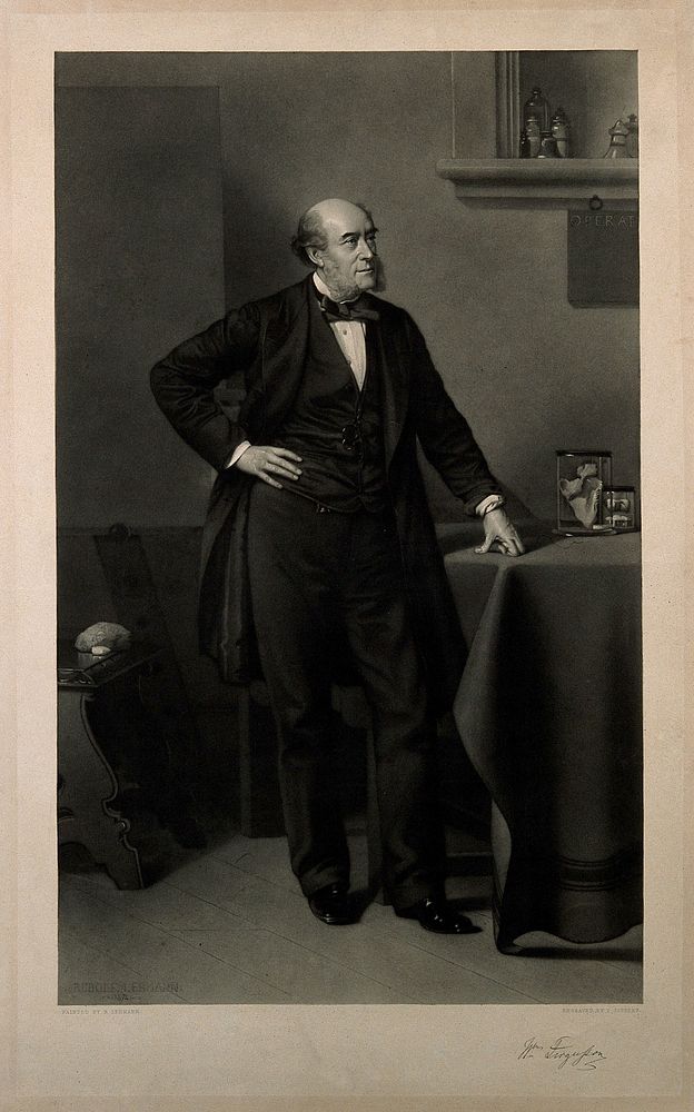 Sir William Fergusson. Mezzotint by F. Joubert after R. Lehmann, 1874.