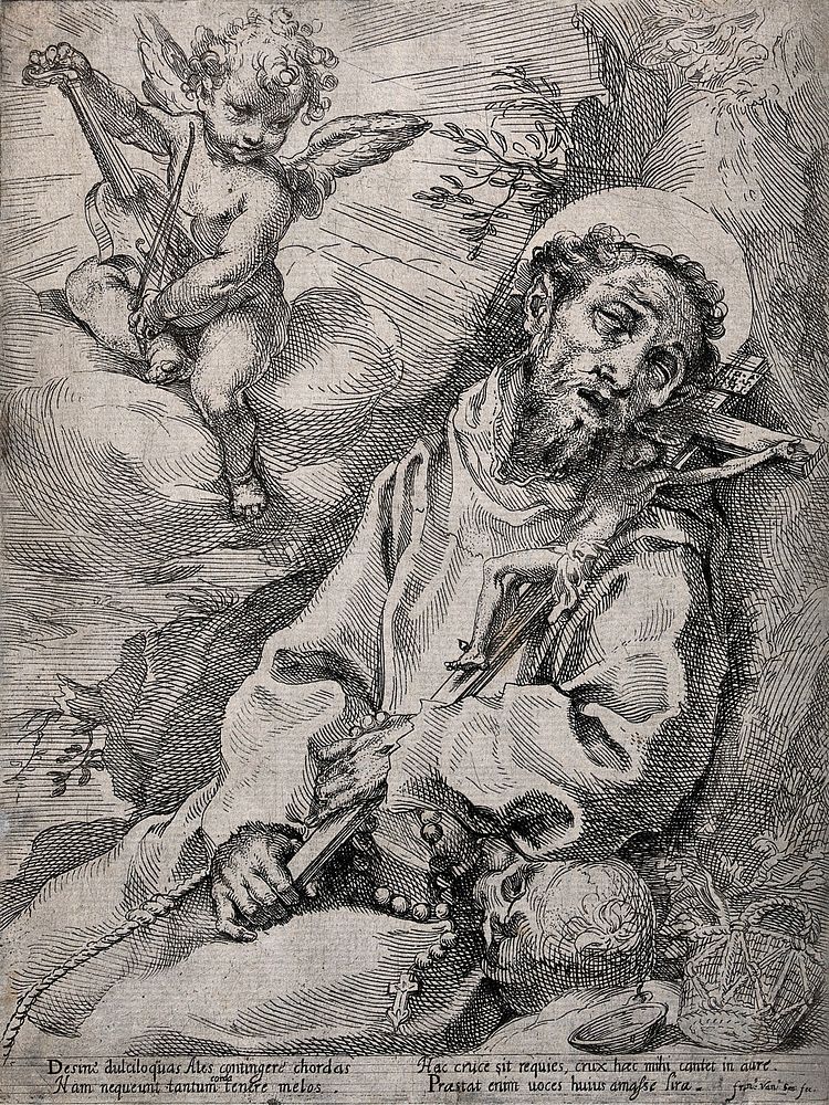 Saint Francis of Assisi having a vision of an angel playing the violin. Etching by F. Vanni.