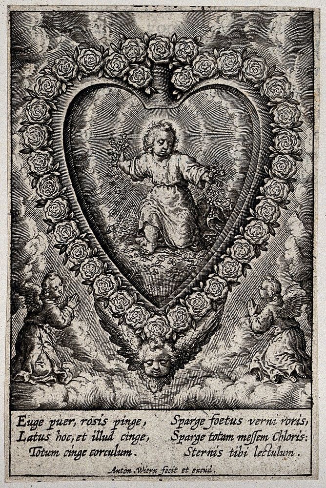 The Christ Child strews a bed of roses for himself inside the believer's heart which is surrounded by roses and venerated by…