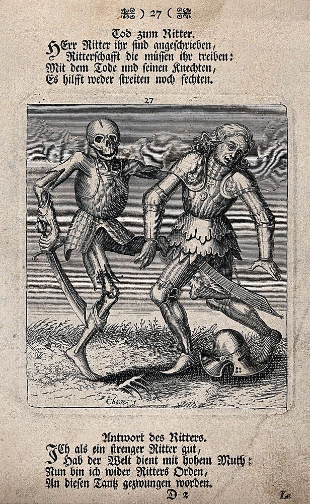 Dance of death: death and the knight. Etching and letterpress attributed to J.-A. Chovin, 1720-1776, after the Basel dance…