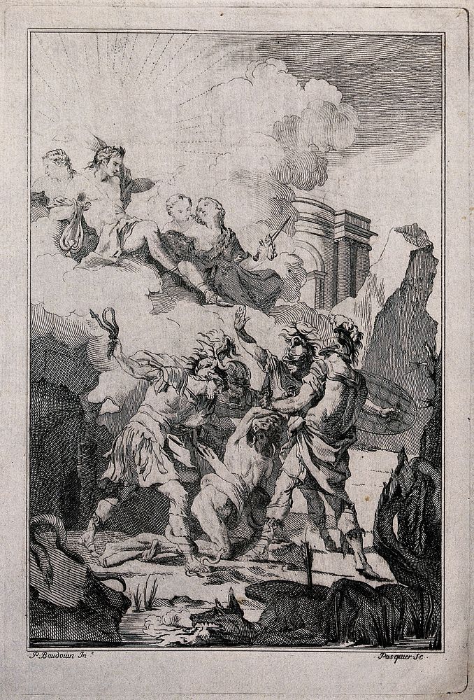 Soldiers attempting to fight off serpents pestering a naked man while the gods look on from the clouds. Etching by J.J.…