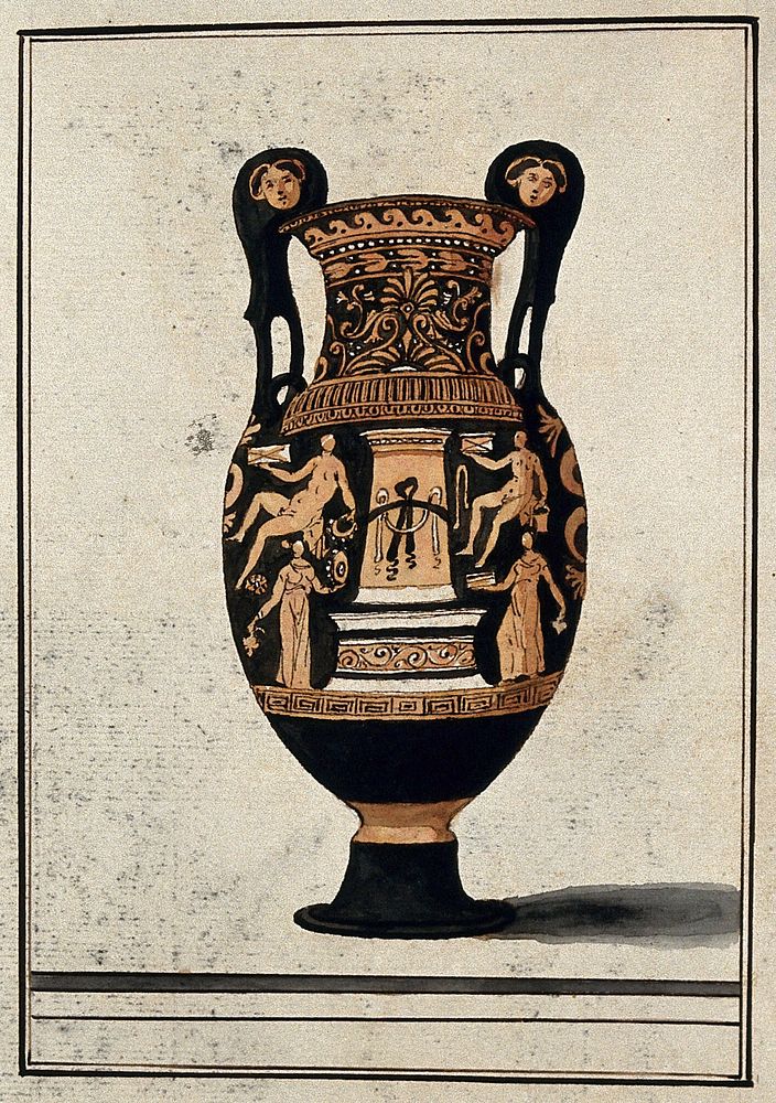 A red-figured Greek wine bowl (volute krater) also called "the Hamilton Vase", decorated with figures of men and women…