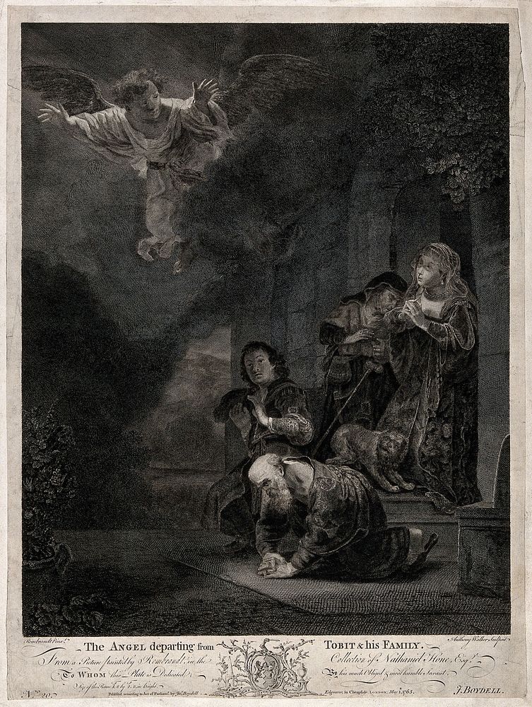 Raphael ascending from the house of Tobit. Etching by A. Walker, 1765, after Rembrandt.