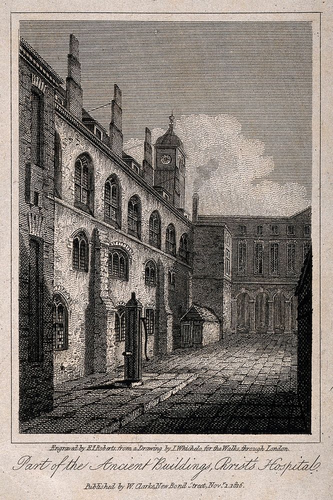 Christ's Hospital, London: the exterior of the Hall. Engraving by E. J. Roberts, 1816, after J. Whichelo.