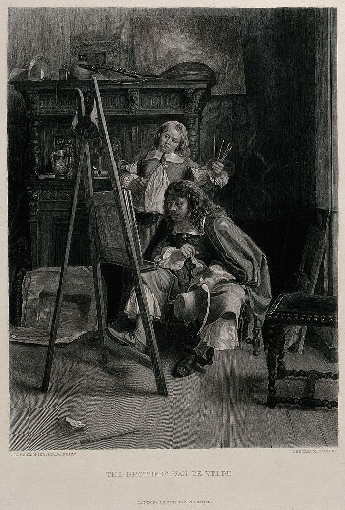The painters Willem van de Velde the younger and Adriaen van de Velde studying a painting on an easel. Engraving by T.V.…
