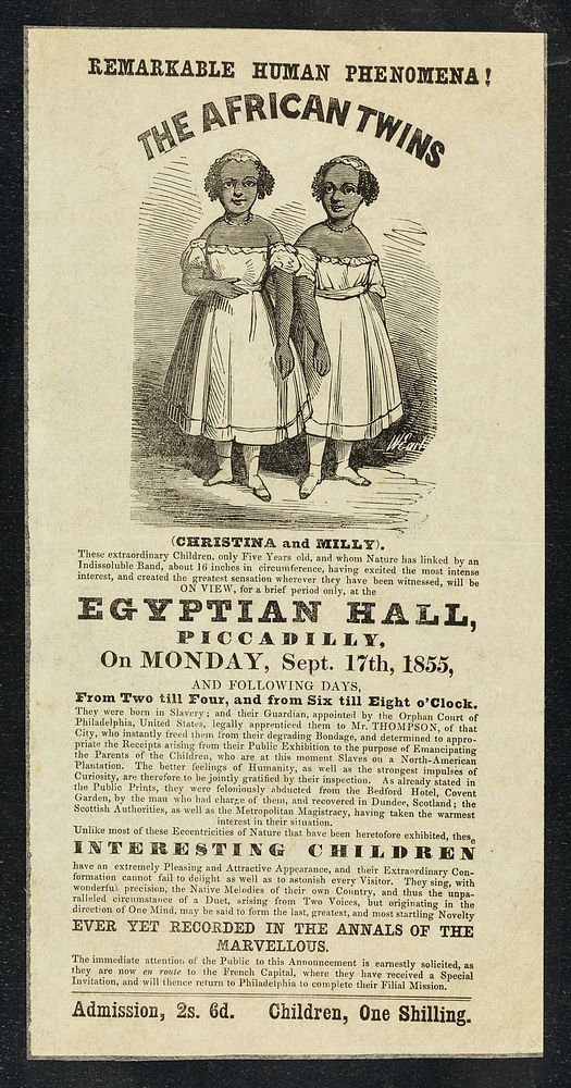[Illustrated handbill advertising an appearance of Christina and Millie McCoy, 'The African Twins' (or Two-Headed…