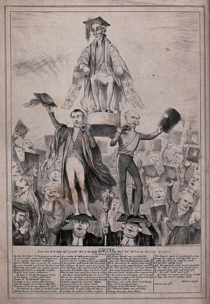 A man in a gown and a mortar board is seated on a chair, carried above the heads of the crowd by men who are in turn…