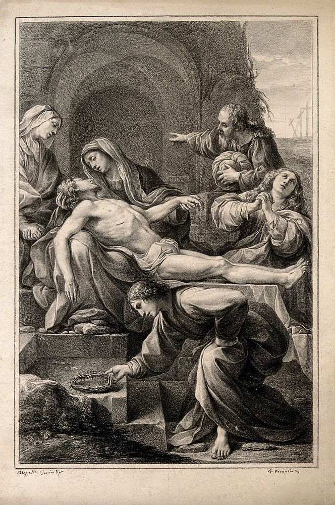 The Virgin holds the dead Christ in her arms. Drawing by F. Rosaspina, c. 1830, after A. Tiarini.
