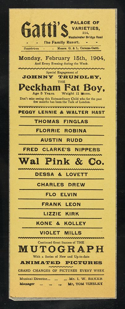 [Leaflet advertising appearances by Johnny Trundley, the Peckham Fat Boy at Gatti's Palace of Varieties, 214 Westminter…