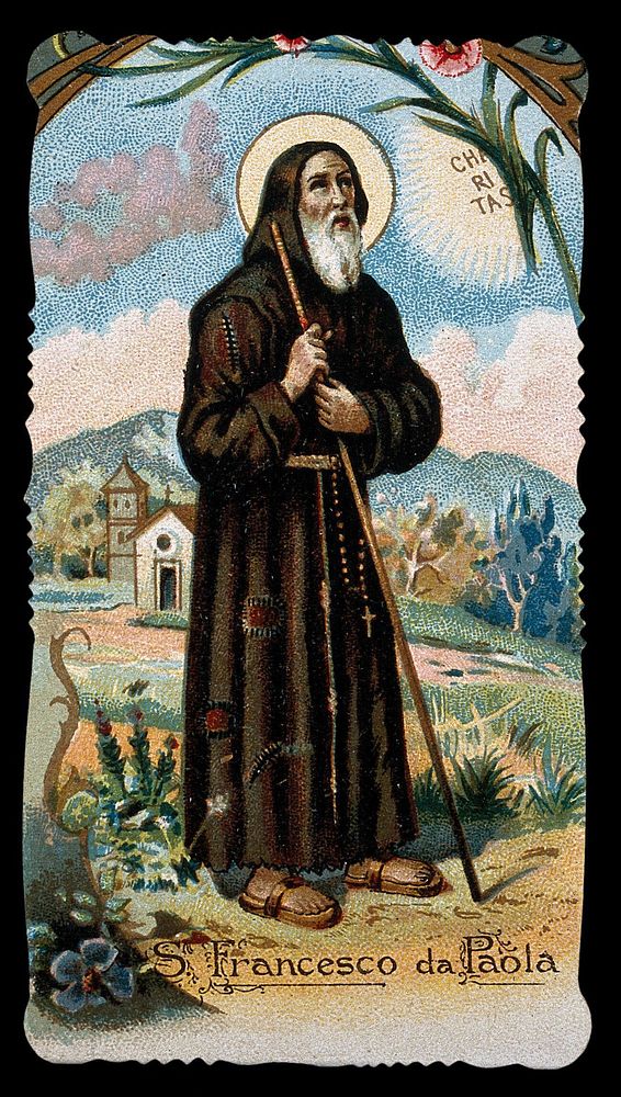 Saint Francis of Paula holding his walking stick with both hands and looking at the sun; church and mountains in the…