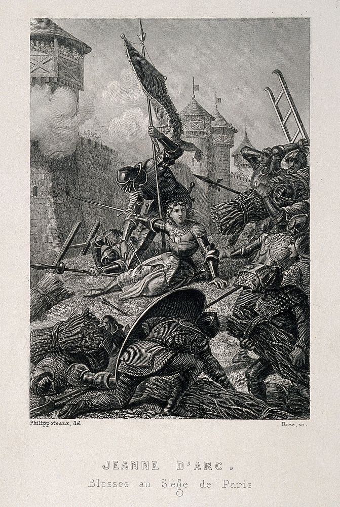 Jeanne d'Arc, at the siege of Paris. Line engraving by J. Roze after H.F.E. Philippoteaux.