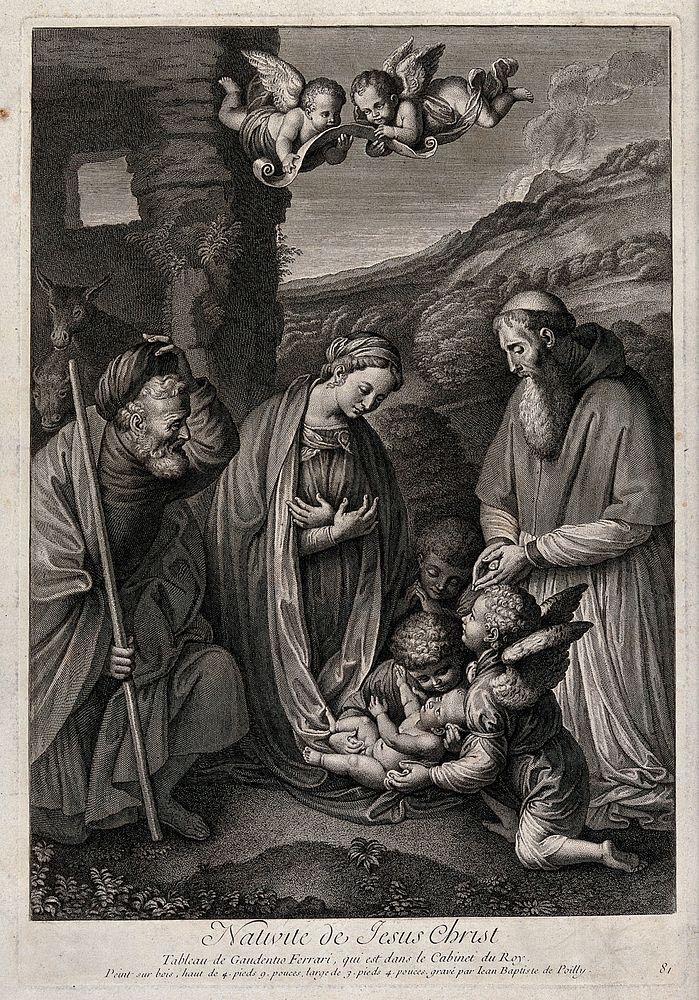 The nativity of Christ with a donor. Engraving by J-B. de Poilly after G. Ferrari.